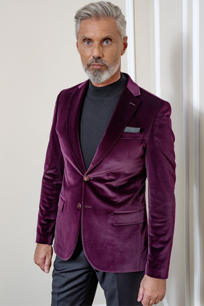 Bordowa Marynarka Męska Welur