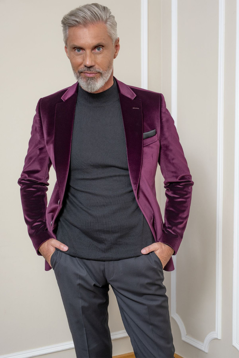 Bordowa Marynarka Męska Welur