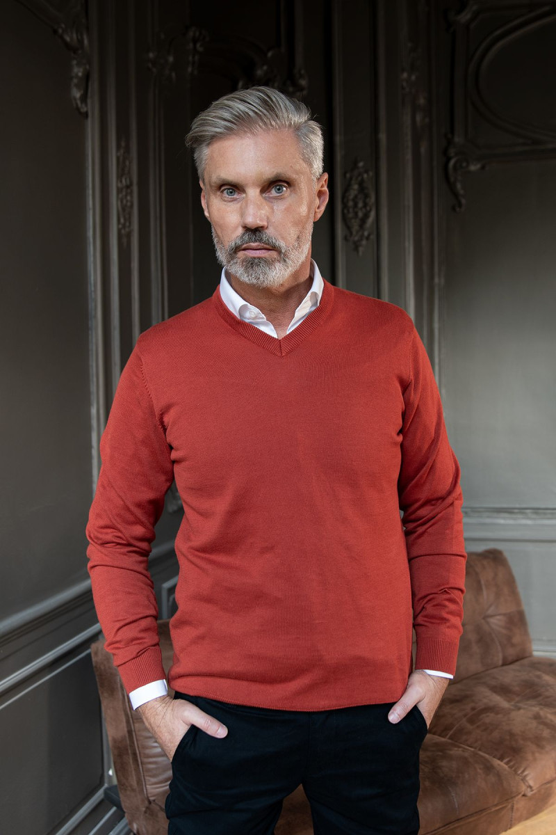 Pomarańczowy Sweter Męski V-neck