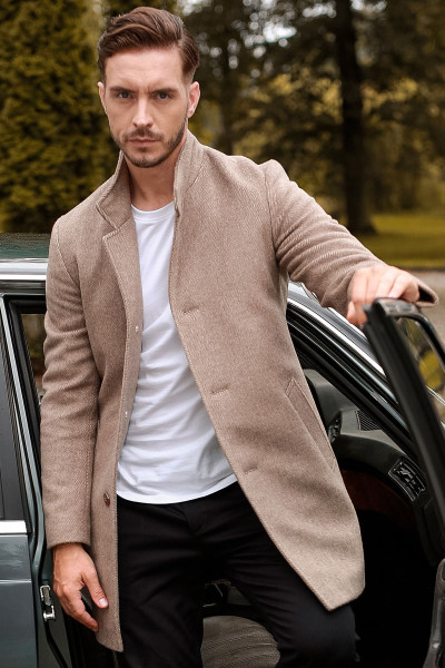 Beżowy Płaszcz Męski Wełna