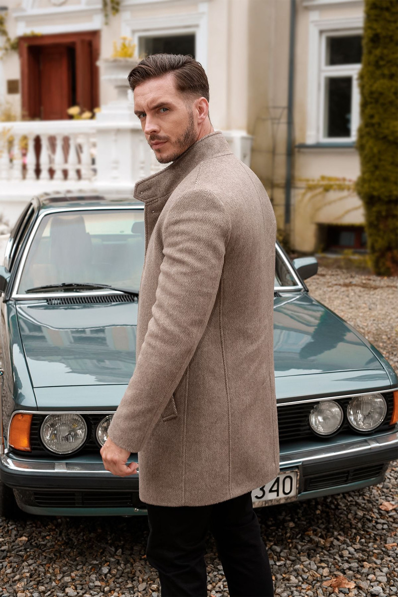 Beżowy Płaszcz Męski Wełna