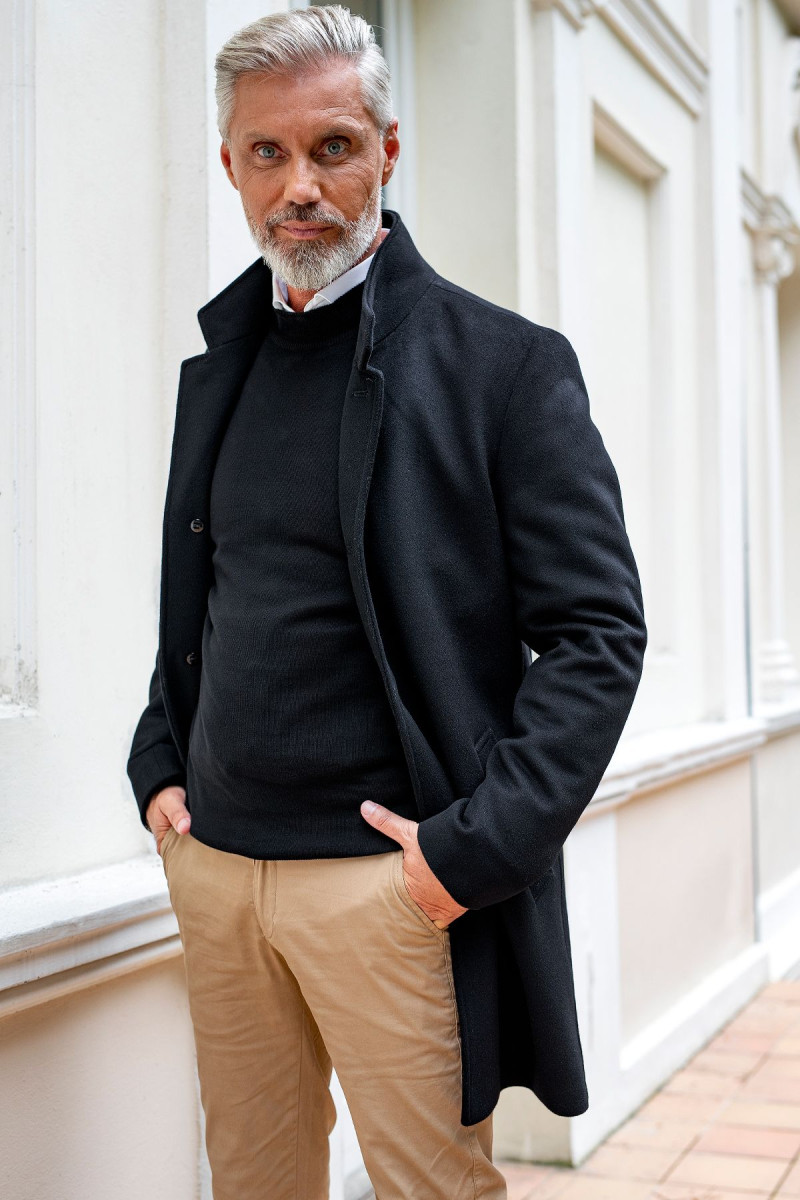 Czarny Płaszcz Męski Wełna