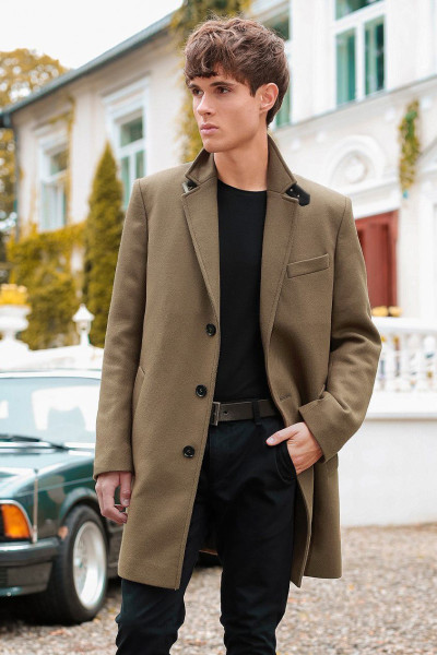 Oliwkowy Płaszcz Męski Wełna