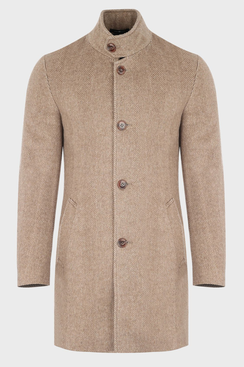 Beżowy Płaszcz Męski Wełna