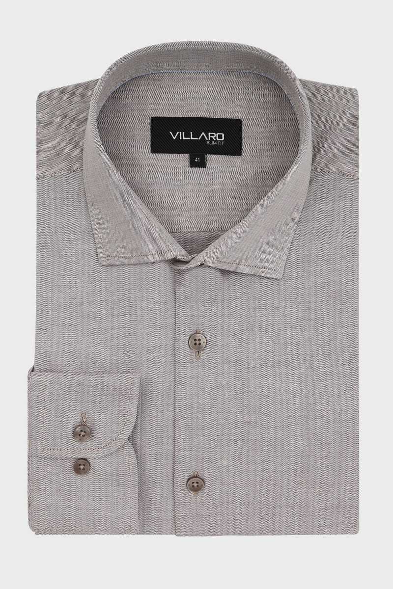 Beżowa Koszula męska wzór jodełka | Villaro