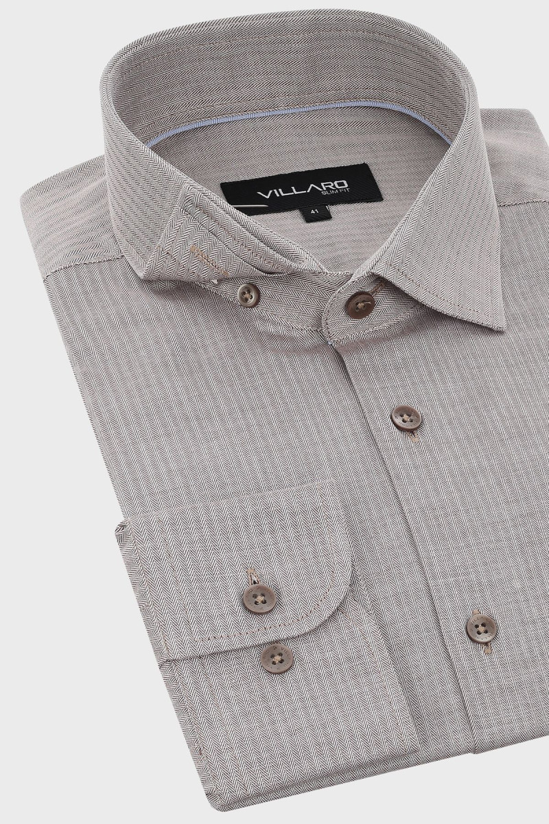 Beżowa Koszula męska wzór jodełka | Villaro