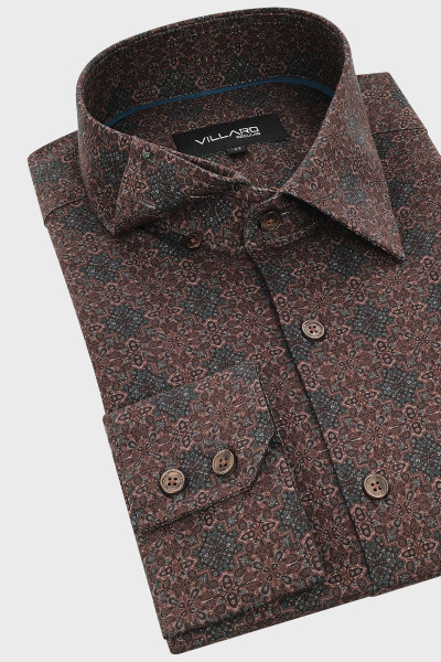 Brązowa Koszula Męska Wzór Kwiaty