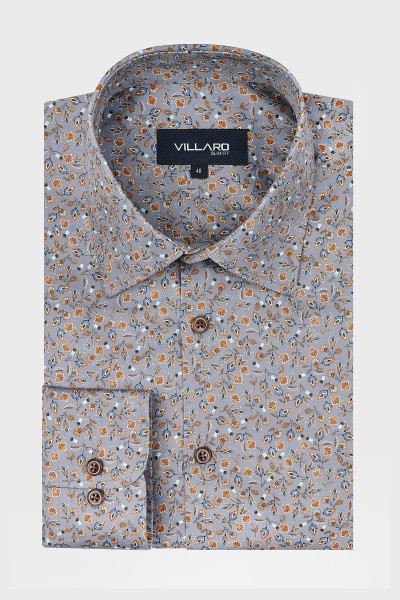 Szara koszula męska w pomarańczowe drobne kwiaty | Villaro