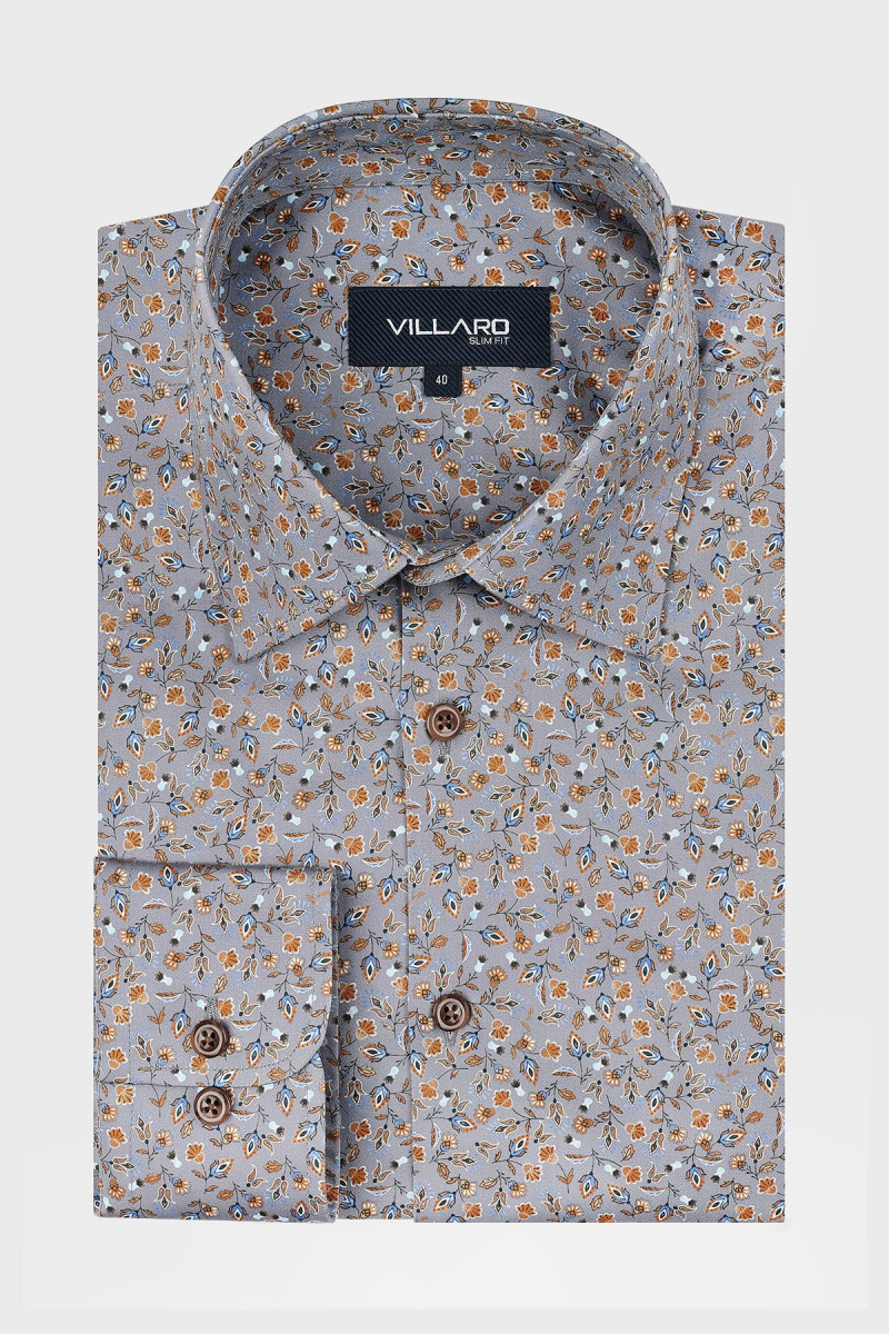 Szara koszula męska w pomarańczowe drobne kwiaty | Villaro