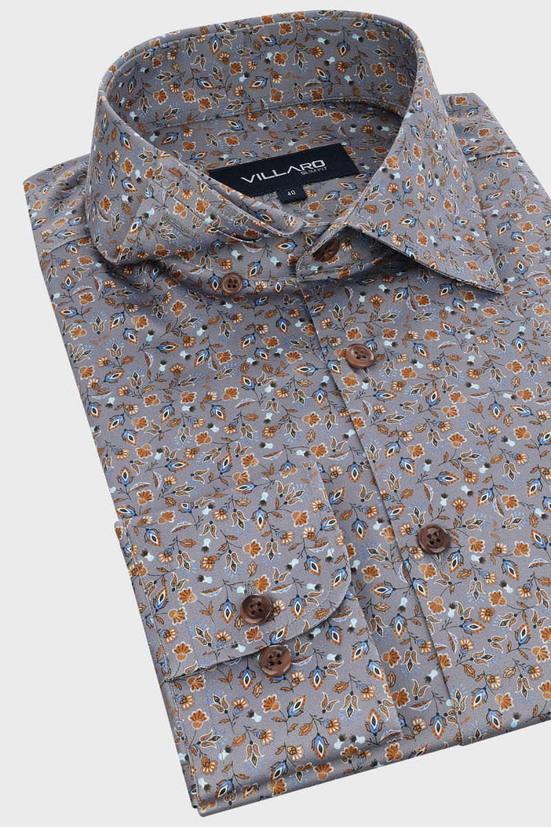 Szara koszula męska w pomarańczowe drobne kwiaty | Villaro