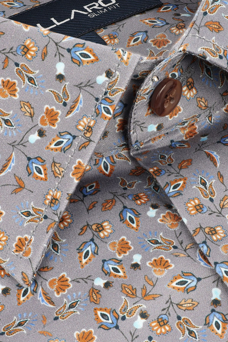 Szara koszula męska w pomarańczowe drobne kwiaty | Villaro
