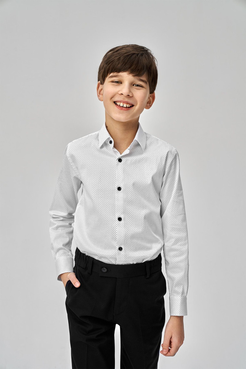 Biała koszula chłopięca wzór granatowe kropki | Villaro