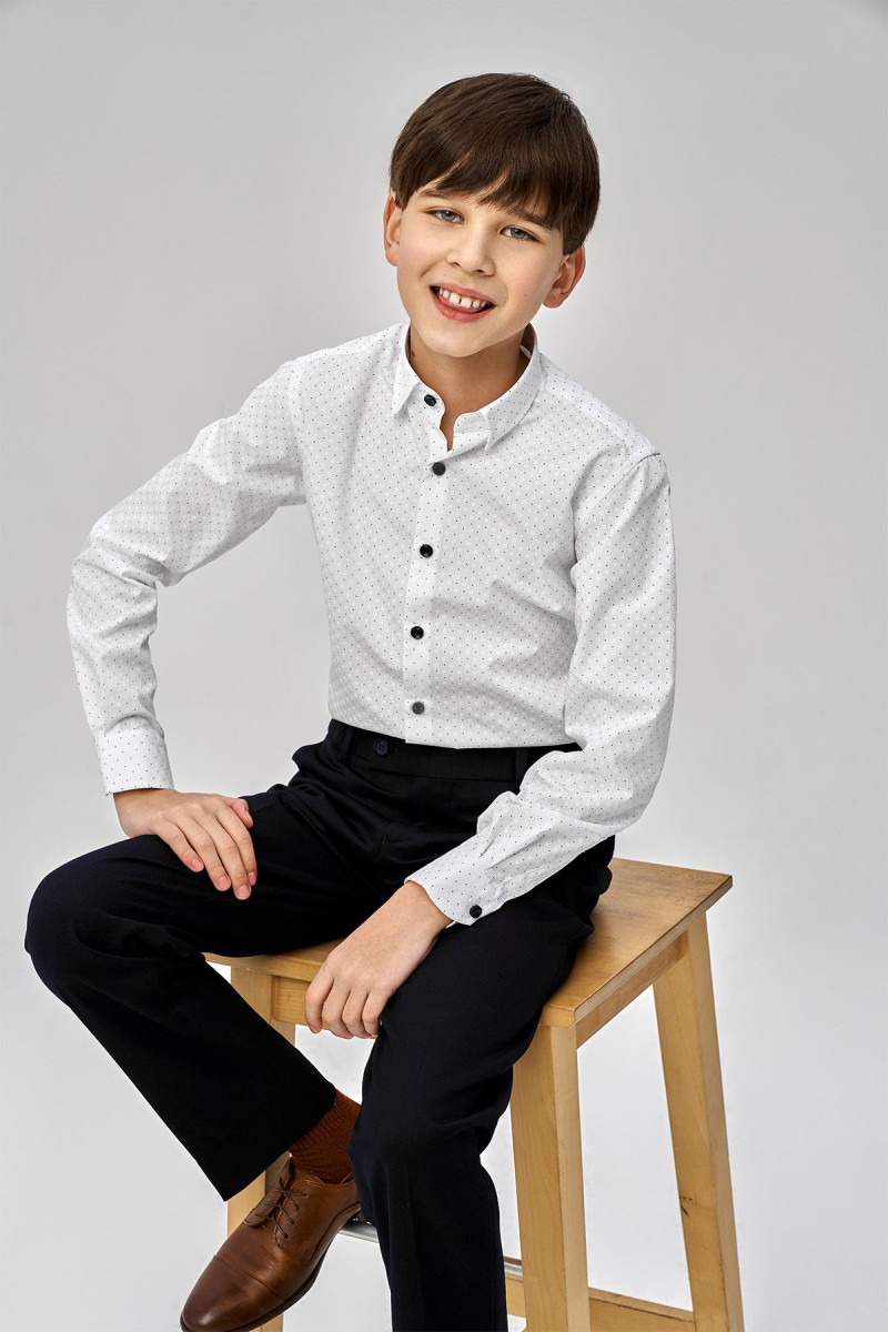 Koszula biała chłopięca wzór granatowe kropki  | Villaro