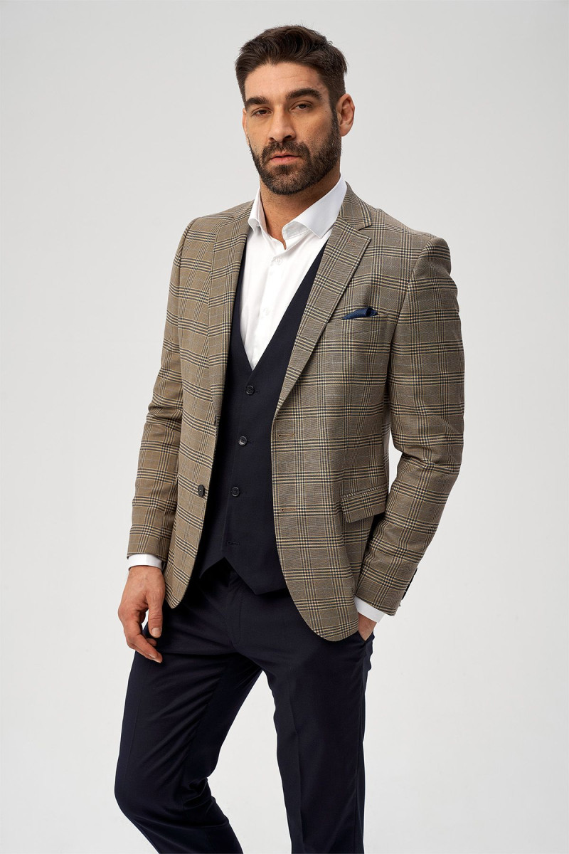 Beżowy garnitur męski wzór krata | Villaro