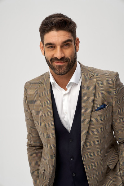 Beżowy Garnitur Męski Wzór Krata