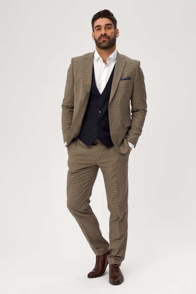Beżowy garnitur męski wzór krata | Villaro