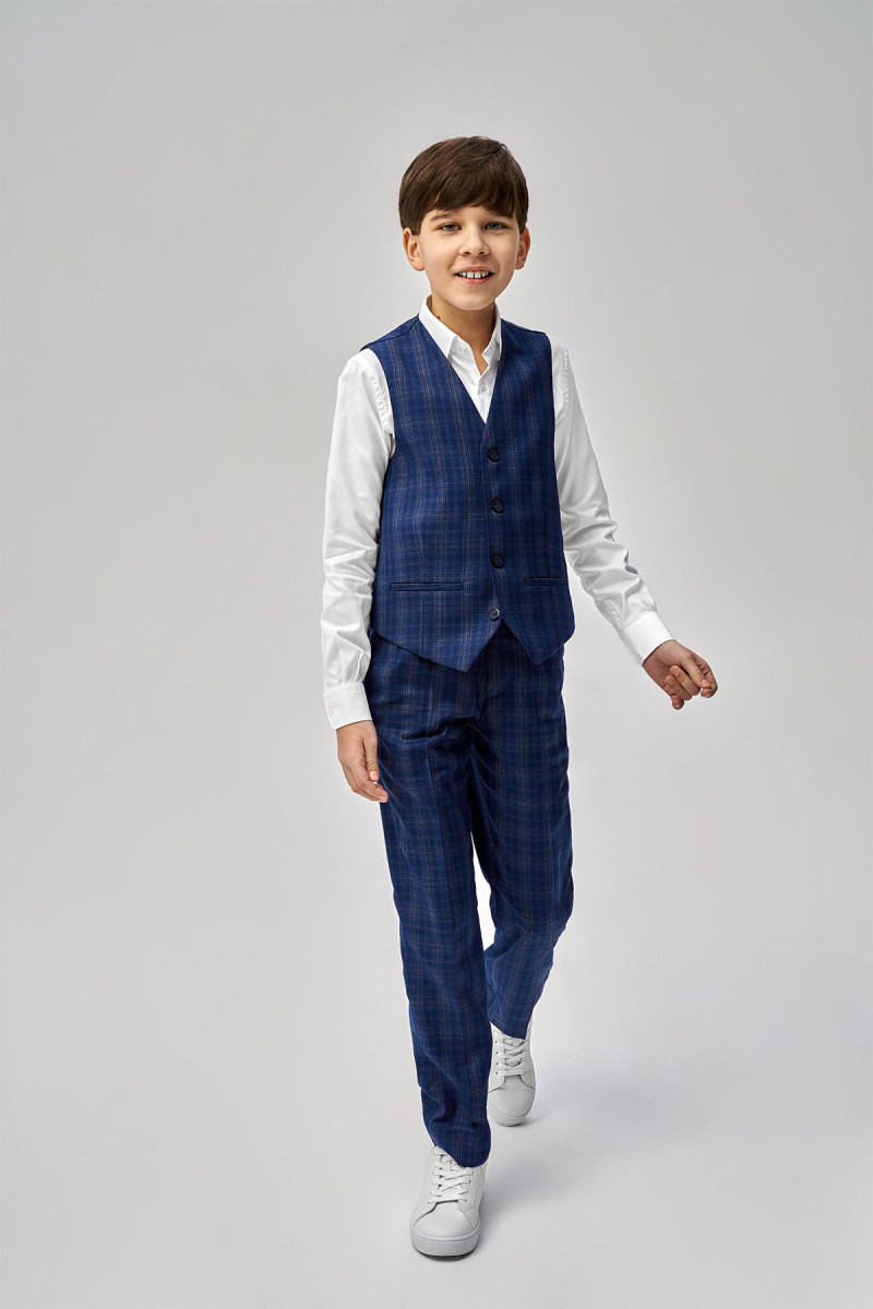 Granatowe spodnie chłopięce wizytowe wzór krata| Villaro