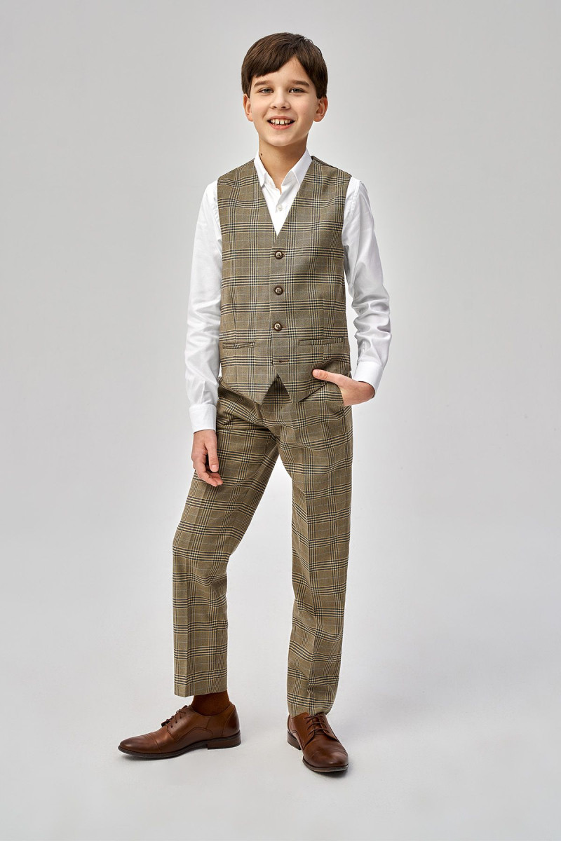 Beżowa kamizelka chłopięca wzór krata | Villaro