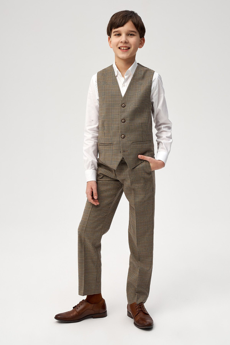 Beżowa kamizelka chłopięca wzór krata | Villaro