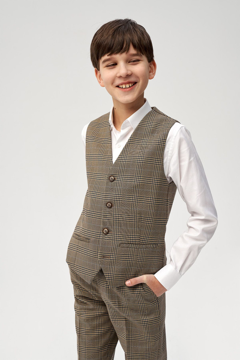 Beżowa kamizelka chłopięca wzór krata | Villaro