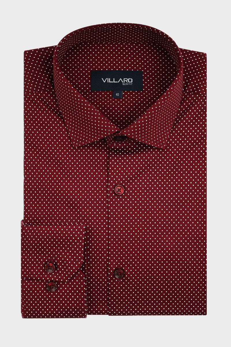 Bordowa koszula męska VILLARO z eleganckim wzorem kropek