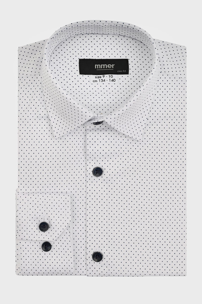 Biała koszula chłopięca wzór granatowe kropki | Villaro