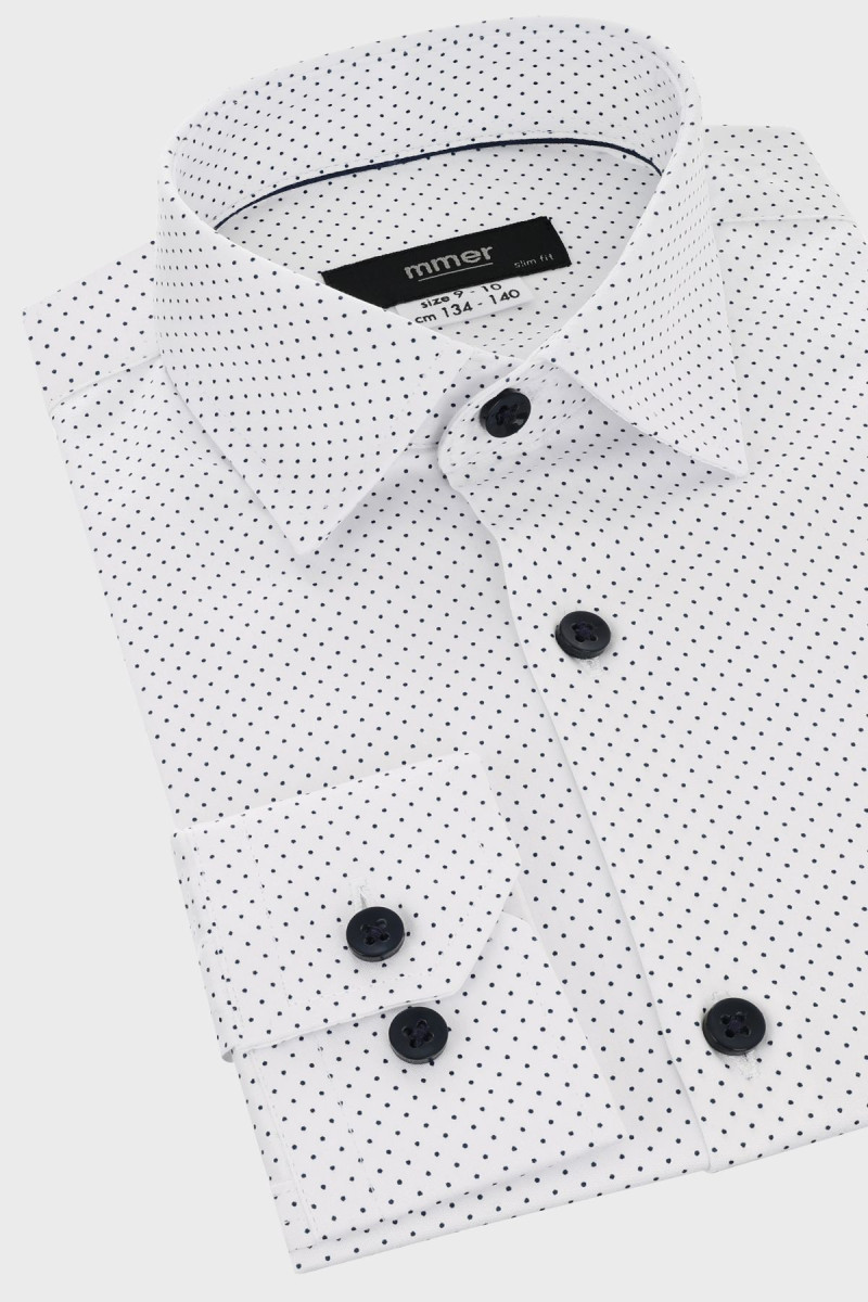 Biała koszula chłopięca wzór granatowe kropki | Villaro