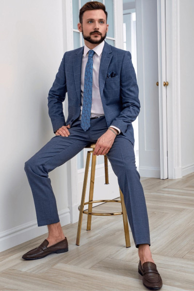 Niebieska Marynarka Męska Garniturowa Wzór Krata