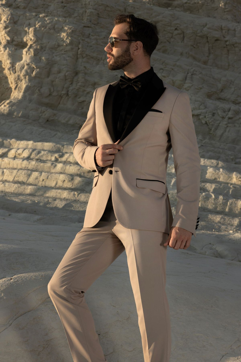 Beżowy smoking męski 4 way stretch | Villaro