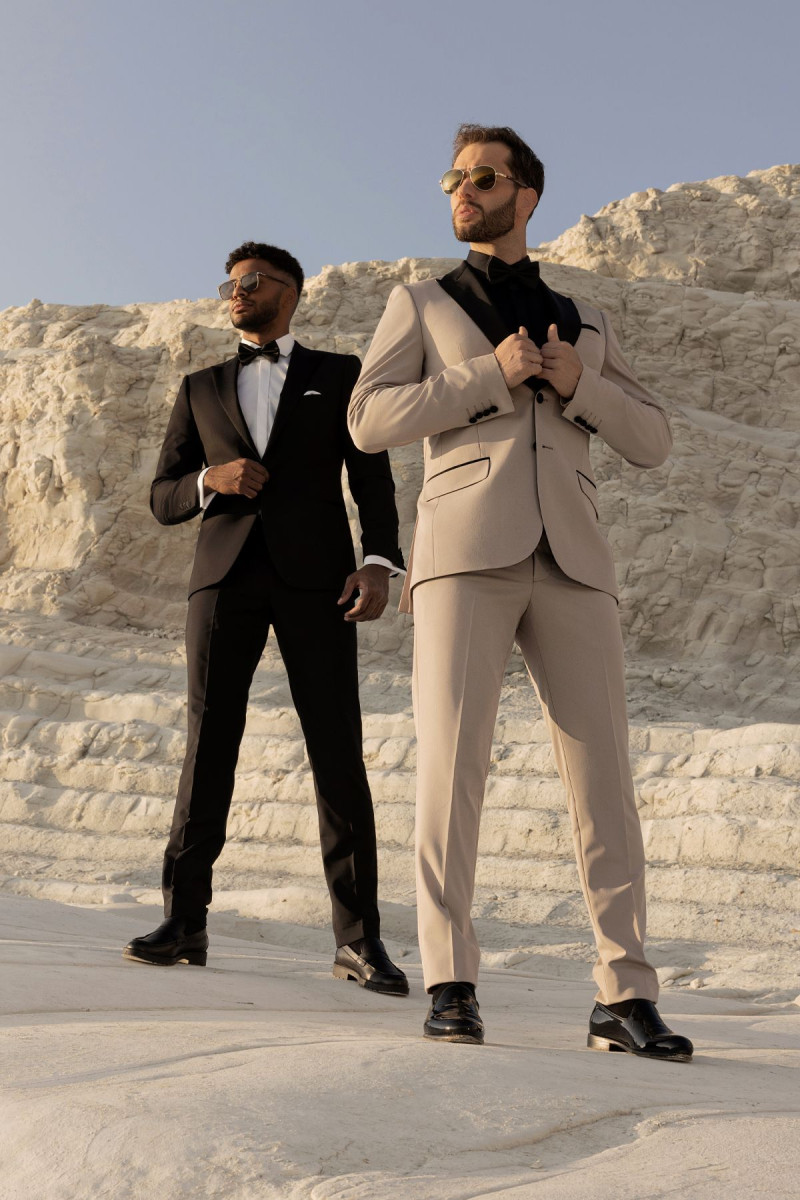 Beżowy smoking męski 4 way stretch | Villaro