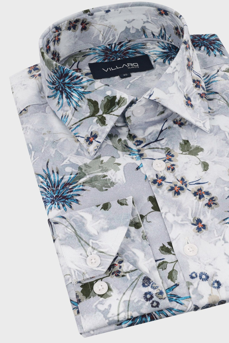 Szara koszula męska wzór roślinny | Villaro