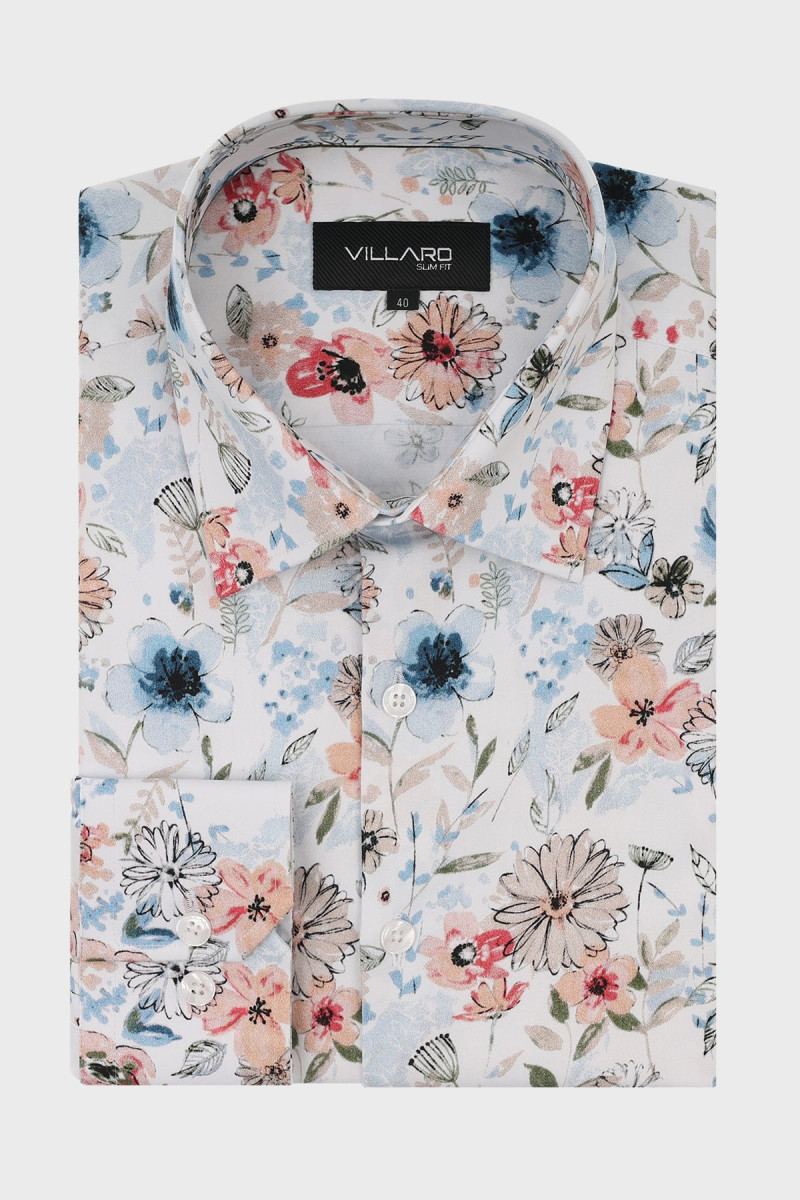 Koszula męska motyw kwiatowy różowo-biała | Villaro