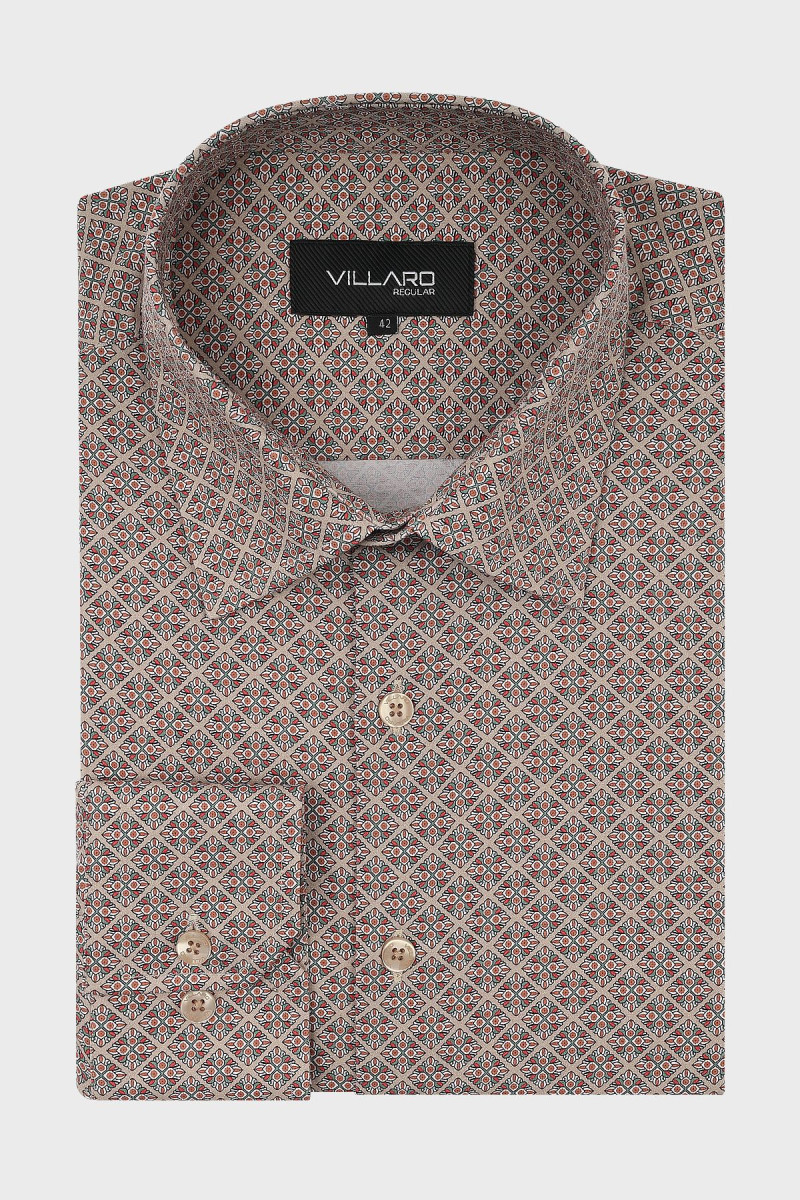 Beżowa koszula męska motyw geometryczny| Villaro