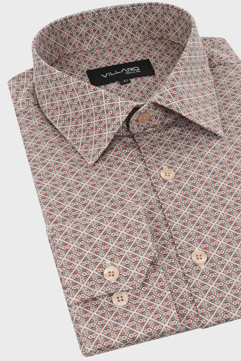 Beżowa koszula męska motyw geometryczny| Villaro