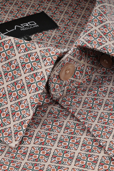 Beżowa Koszula Męska Wzór Geometryczny