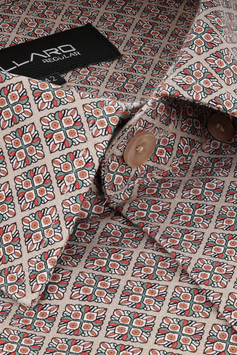 Beżowa koszula męska motyw geometryczny| Villaro