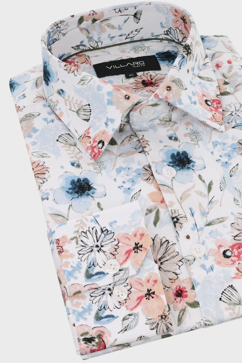 Koszula męska motyw kwiatowy różowo-biała | Villaro