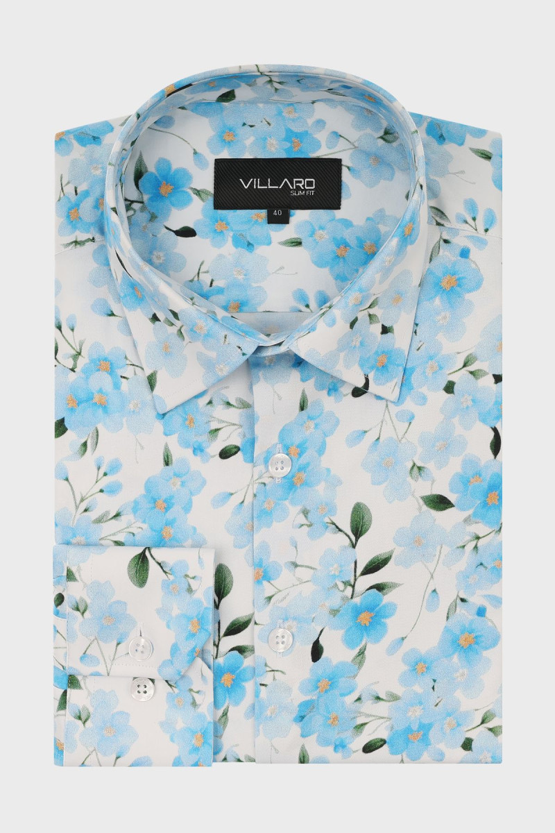 Koszula męska motyw kwiatowy niebiesko-biała | Villaro