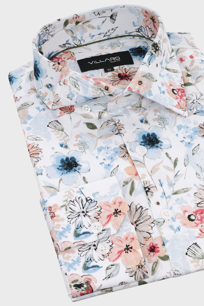Koszula męska motyw kwiatowy różowo-biała | Villaro