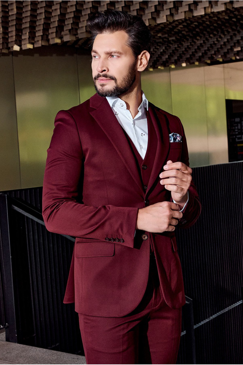 Bordowy garnitur męski 4-way stretch | Villaro