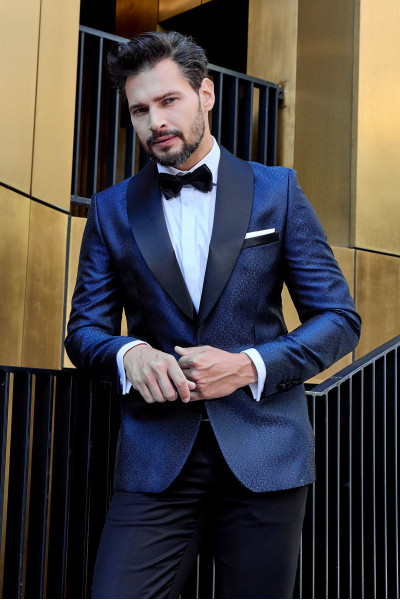 Granatowy Smoking Męski Wzór Żakard