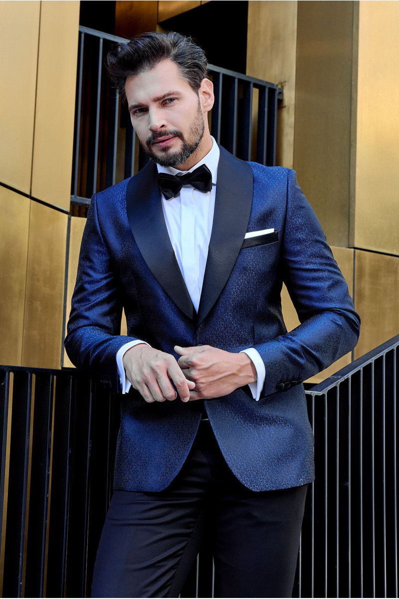 Granatowy smoking męski wzór żakard | Villaro