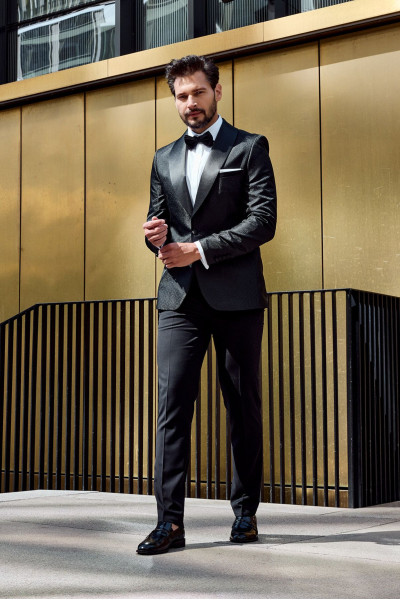 Czarny Smoking Męski Wzór Żakard