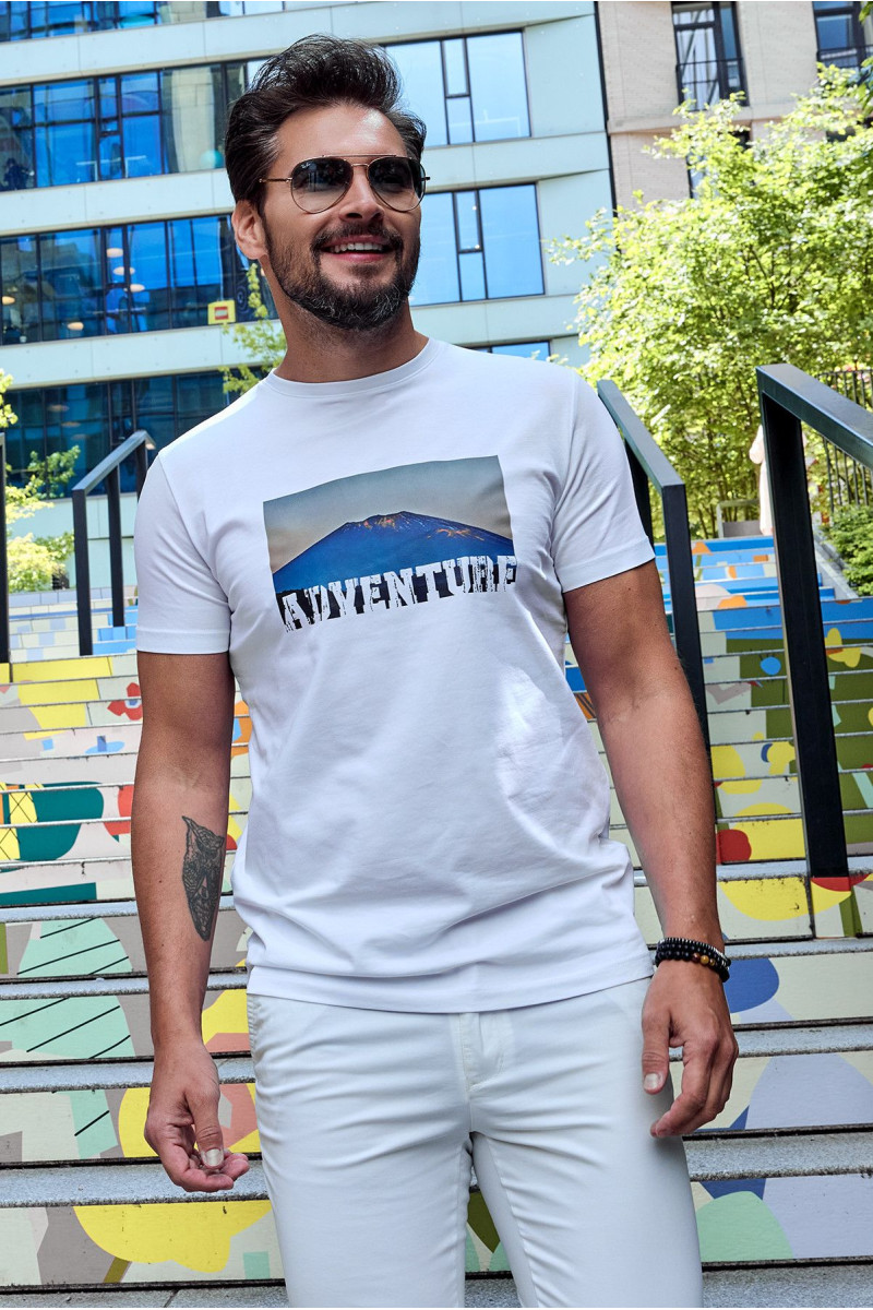 Biała koszulka męska t-shirt wzór adventure | Villaro