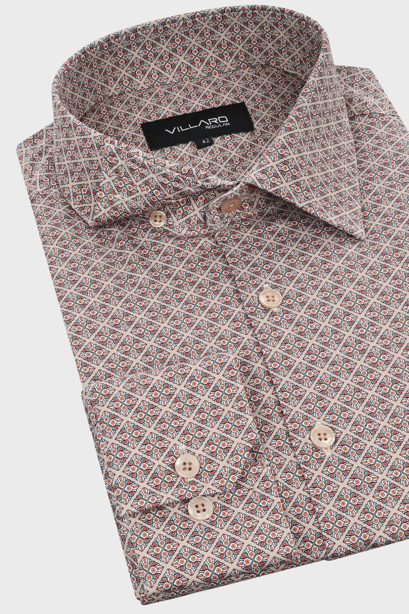 Beżowa koszula męska motyw geometryczny| Villaro