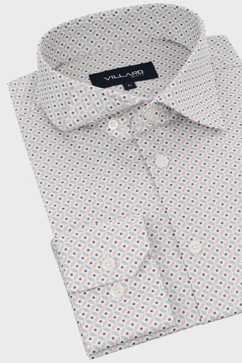 Beżowa koszula męska motyw geometryczny | Villaro