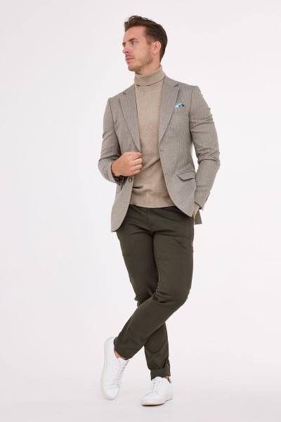 Beżowa Marynarka Męska Wzór Jodełka