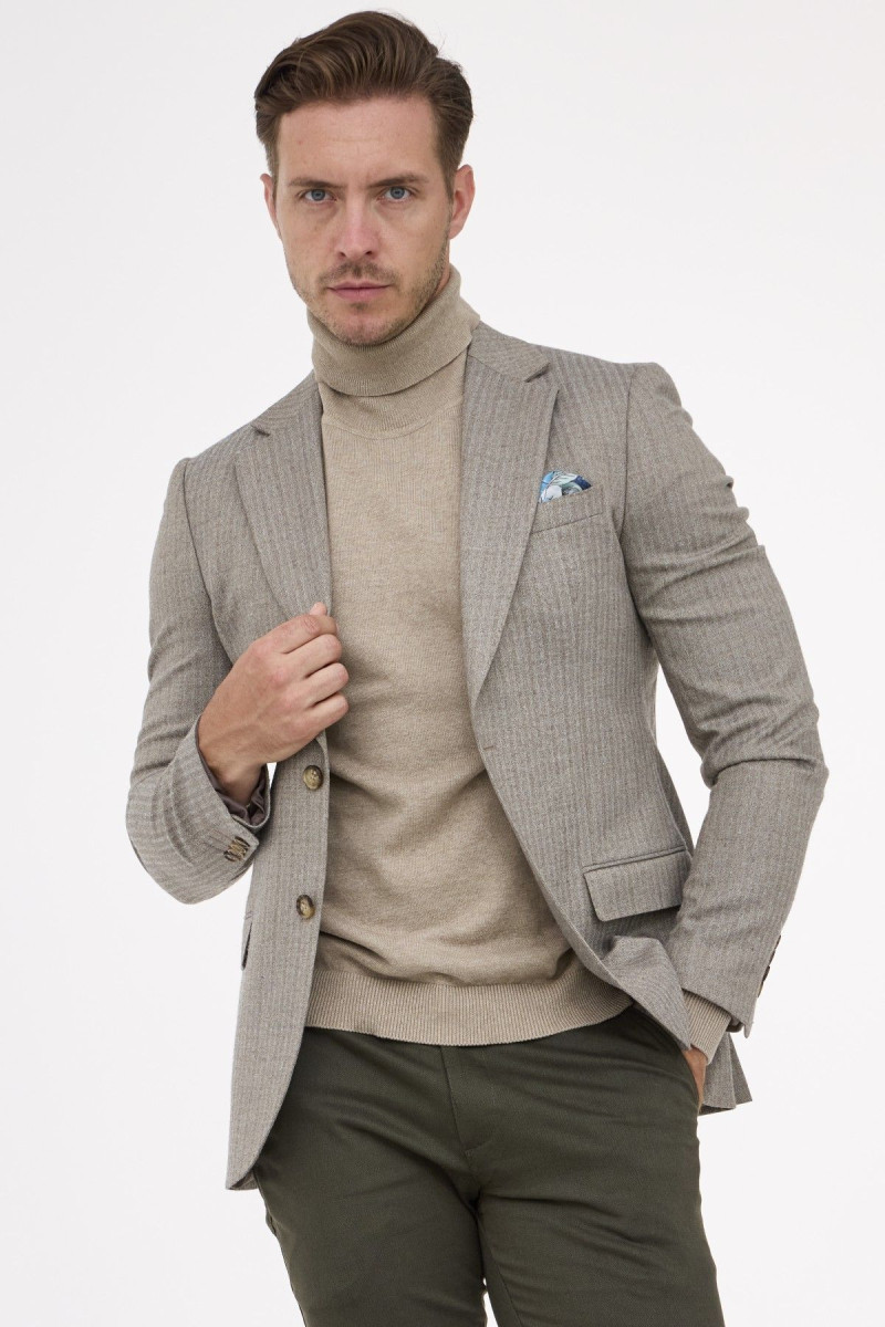 beżowa marynarka męska Villaro wzór jodełka slim fit
