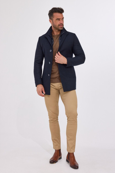 Granatowy Płaszcz Męski z Podpinką Wełna