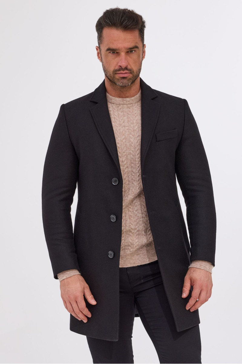 Czarny płaszcz męski Villaro dyplomatka z wełny